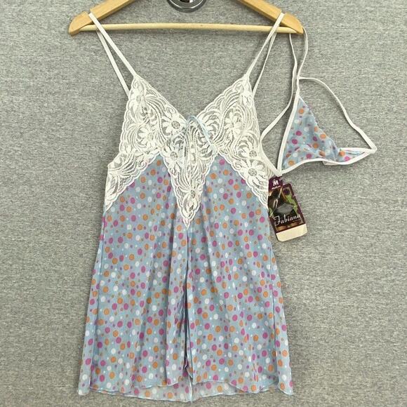 Fabiana by Shamah Lingerie Set Womens Medium White Lace Blue Polka Dots NEW - Picture 1 of 10